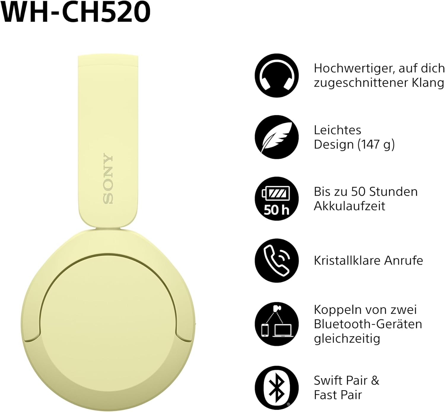 Sony WH-CH520 Kabelloser Bluetooth On-Ear-Kopfhörer, hohe Klangqualität, leichtes Design, bis zu 50 Stunden Akkulaufzeit, Schnellladung, EQ, klare Gesprächsqualität, iOS und Android - Gelb 2 610R8JhKQVL. AC SL1500 - smartspeakergames.de