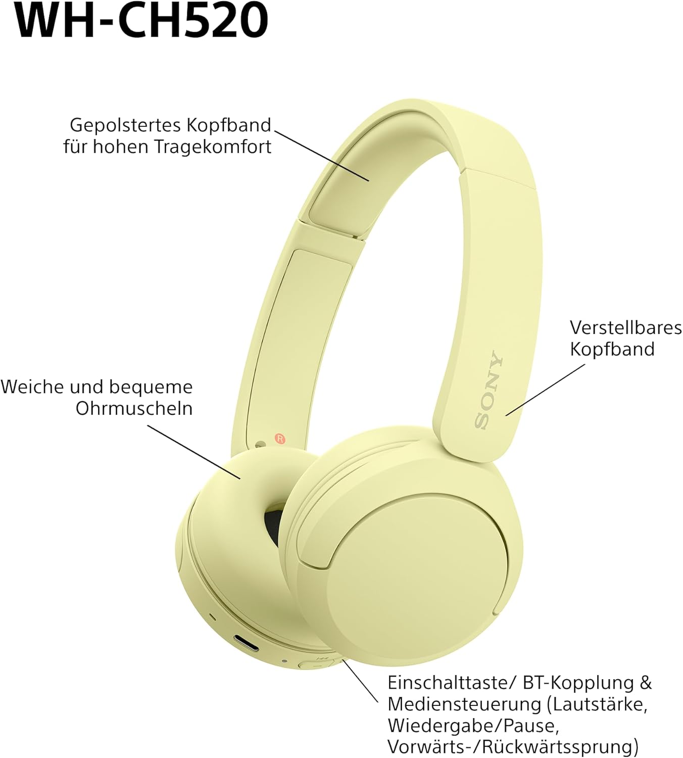 Sony WH-CH520 Kabelloser Bluetooth On-Ear-Kopfhörer, hohe Klangqualität, leichtes Design, bis zu 50 Stunden Akkulaufzeit, Schnellladung, EQ, klare Gesprächsqualität, iOS und Android - Gelb 8 61QRuXWuMRL. AC SL1500 - smartspeakergames.de
