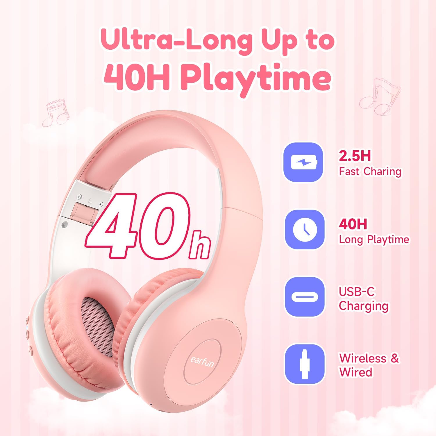 EarFun Bluetooth Kopfhörer Kinder, 74/85/94dB Lautstärkeregelung, HiFi Sound, HD-Mikrofon, 45 Std Akku, Faltbare, Einstellbar, Kopfhörer Kabellos Bluetooth Kinder für Schule/Reise/PC, Lila 27 71+sSgWWKEL. AC SL1500 - smartspeakergames.de