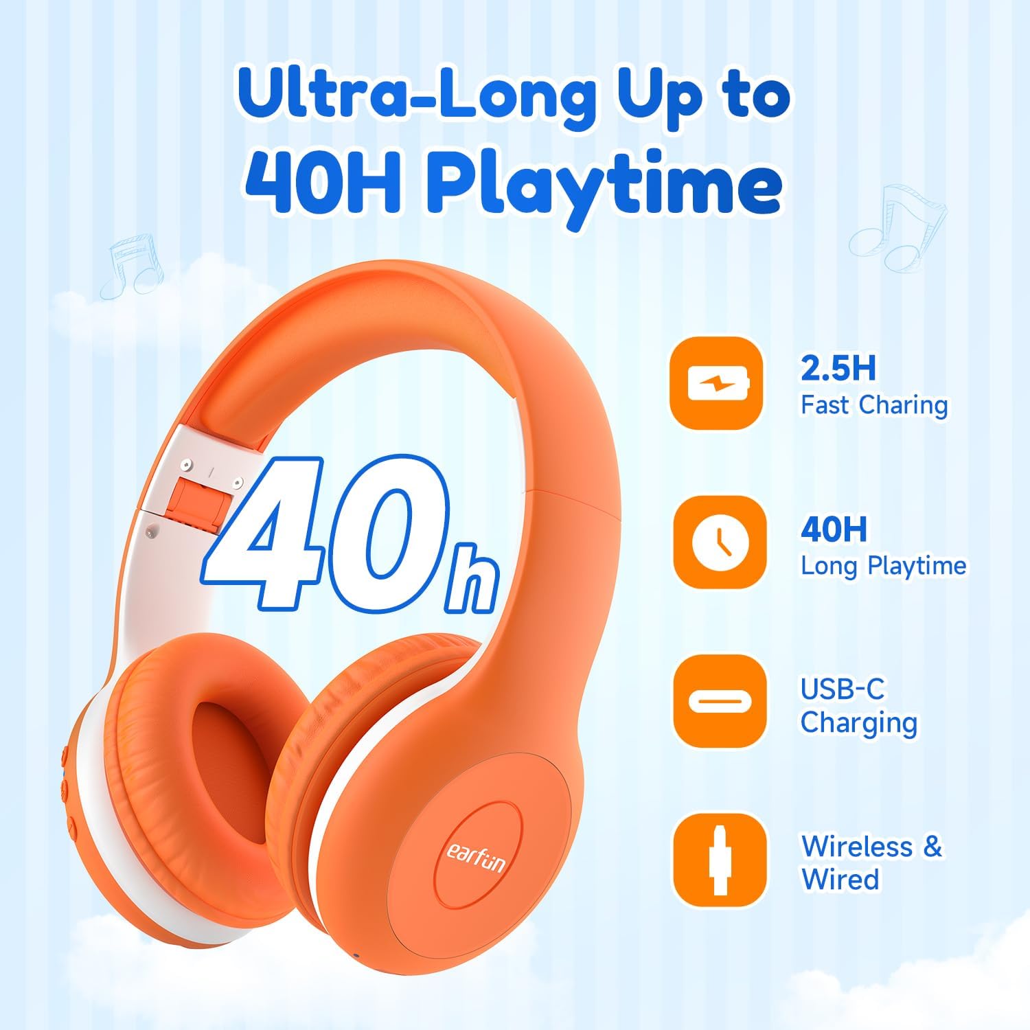 EarFun Bluetooth Kopfhörer Kinder, 74/85/94dB Lautstärkeregelung, HiFi Sound, HD-Mikrofon, 45 Std Akku, Faltbare, Einstellbar, Kopfhörer Kabellos Bluetooth Kinder für Schule/Reise/PC, Lila 20 71HC+MHL9HL. AC SL1500 - smartspeakergames.de