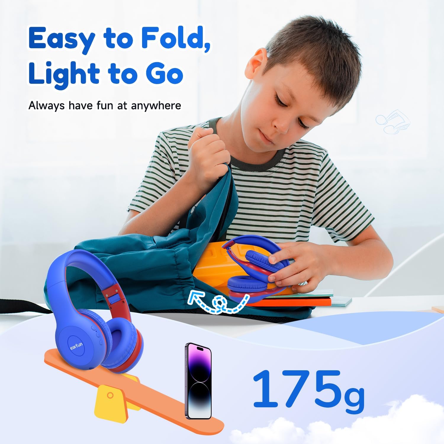EarFun Bluetooth Kopfhörer Kinder, 74/85/94dB Lautstärkeregelung, HiFi Sound, HD-Mikrofon, 45 Std Akku, Faltbare, Einstellbar, Kopfhörer Kabellos Bluetooth Kinder für Schule/Reise/PC, Lila 57 - smartspeakergames.de