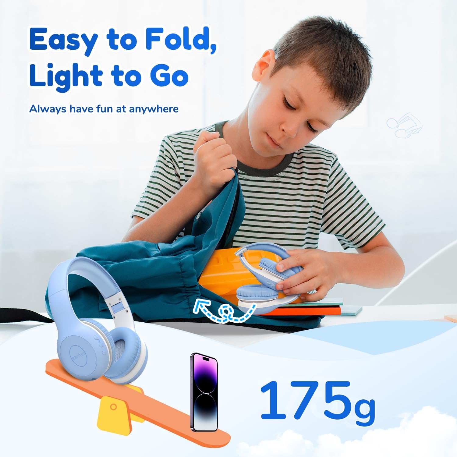 EarFun Bluetooth Kopfhörer Kinder, 74/85/94dB Lautstärkeregelung, HiFi Sound, HD-Mikrofon, 45 Std Akku, Faltbare, Einstellbar, Kopfhörer Kabellos Bluetooth Kinder für Schule/Reise/PC, Lila 64 - smartspeakergames.de