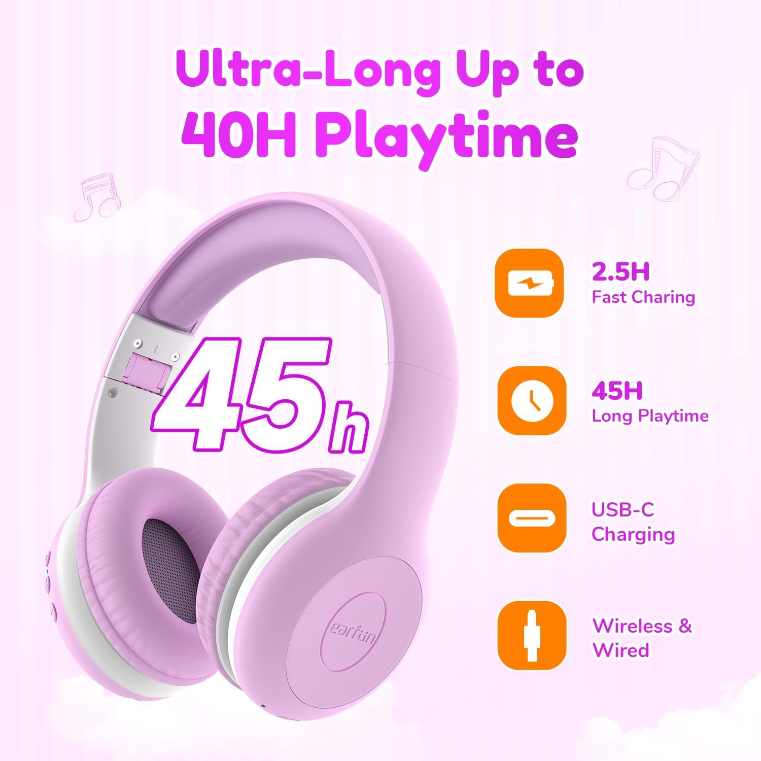 EarFun Bluetooth Kopfhörer Kinder, 74/85/94dB Lautstärkeregelung, HiFi Sound, HD-Mikrofon, 45 Std Akku, Faltbare, Einstellbar, Kopfhörer Kabellos Bluetooth Kinder für Schule/Reise/PC, Lila 42 - smartspeakergames.de