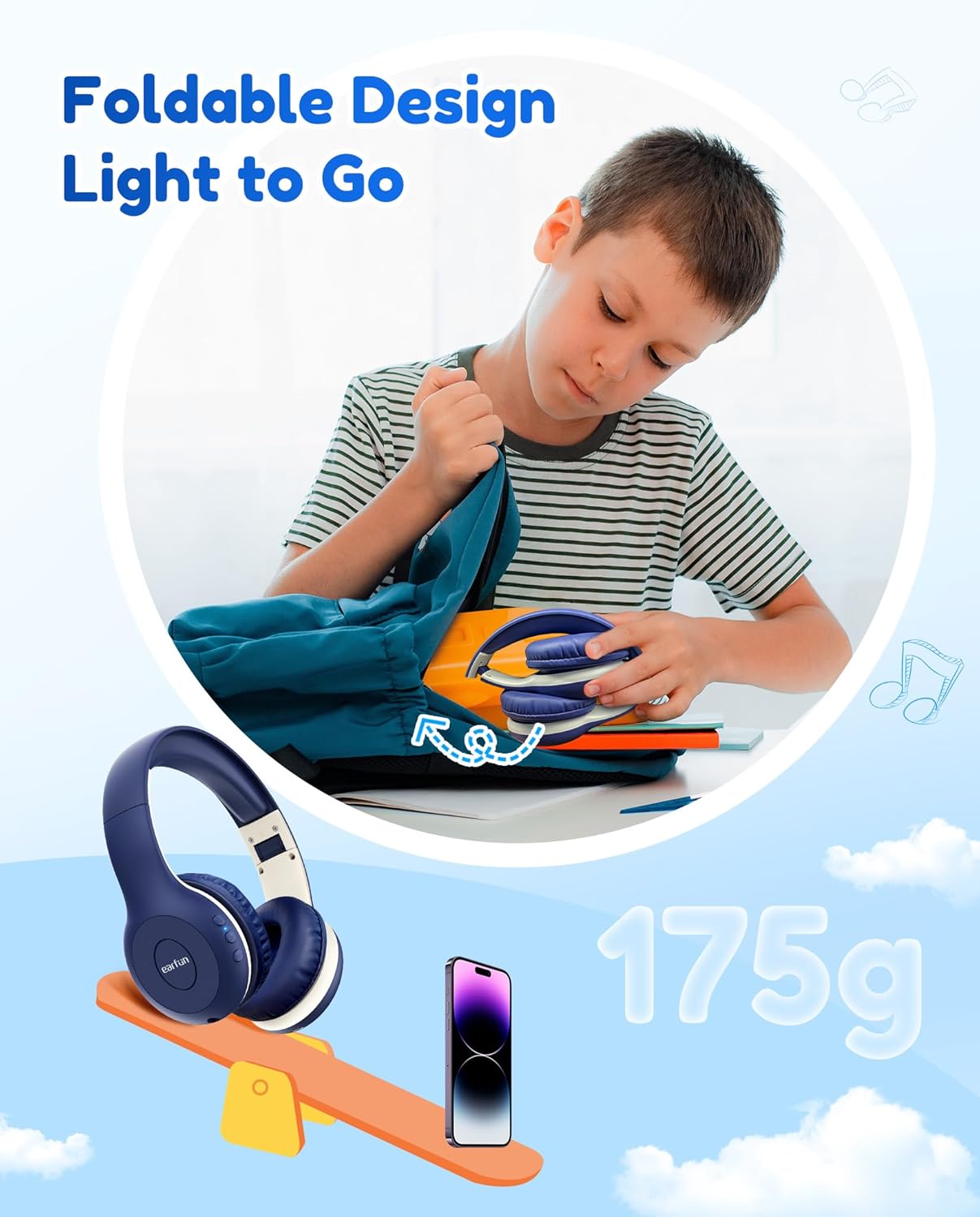 EarFun Bluetooth Kopfhörer Kinder, 74/85/94dB Lautstärkeregelung, HiFi Sound, HD-Mikrofon, 45 Std Akku, Faltbare, Einstellbar, Kopfhörer Kabellos Bluetooth Kinder für Schule/Reise/PC, Lila 50 71lY4 PJNYL. AC SL1500 - smartspeakergames.de